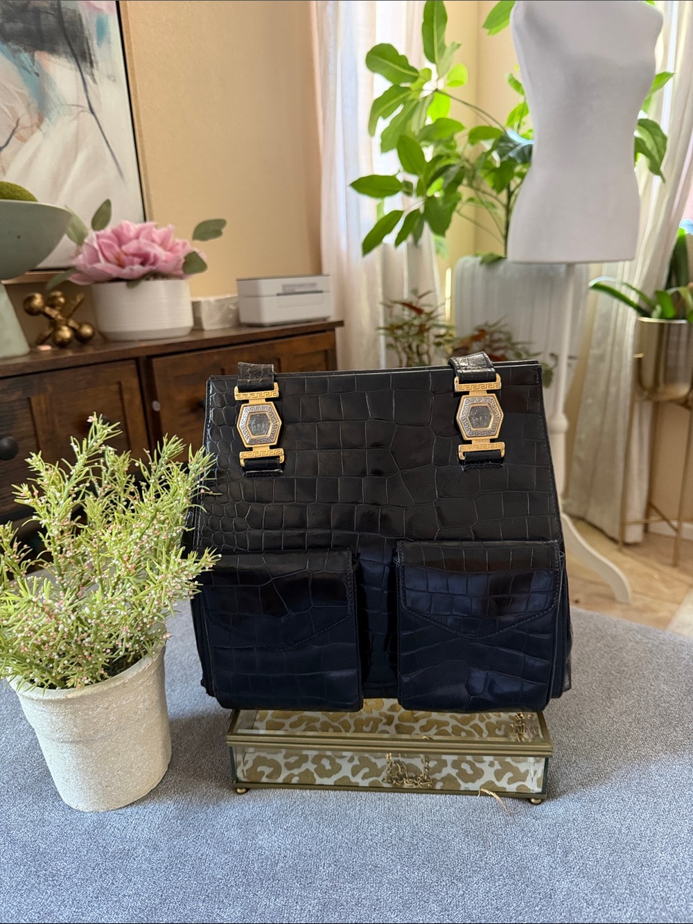 Versace Black Croc-Embossed Shoulder Bag with Gold Medallions